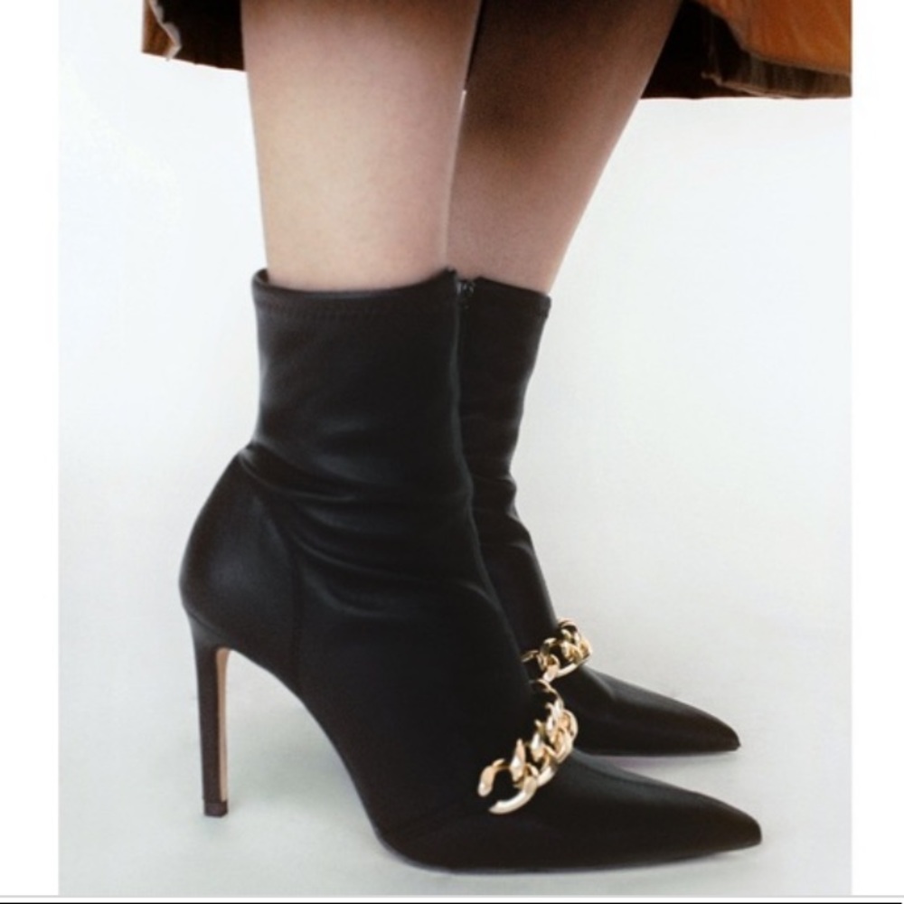 NWT Zara Chain Trim Heeled Ankle Boots, Size 40